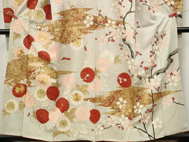 平和屋着物●アンティーク　大正ロマン　振袖　駒刺繍　松皮菱枝花文　金彩　正絹　逸品　CABB6306ut