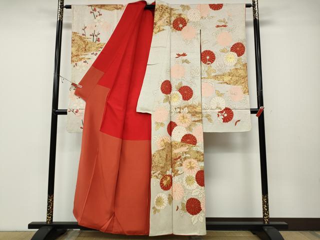 平和屋着物●アンティーク　大正ロマン　振袖　駒刺繍　松皮菱枝花文　金彩　正絹　逸品　CABB6306ut
