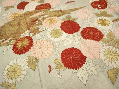 平和屋着物●アンティーク　大正ロマン　振袖　駒刺繍　松皮菱枝花文　金彩　正絹　逸品　CABB6306ut