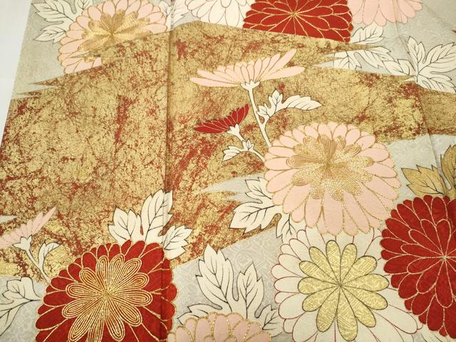 平和屋着物●アンティーク　大正ロマン　振袖　駒刺繍　松皮菱枝花文　金彩　正絹　逸品　CABB6306ut