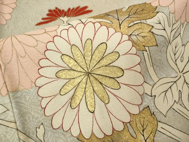 平和屋着物●アンティーク　大正ロマン　振袖　駒刺繍　松皮菱枝花文　金彩　正絹　逸品　CABB6306ut