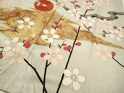 平和屋着物●アンティーク　大正ロマン　振袖　駒刺繍　松皮菱枝花文　金彩　正絹　逸品　CABB6306ut