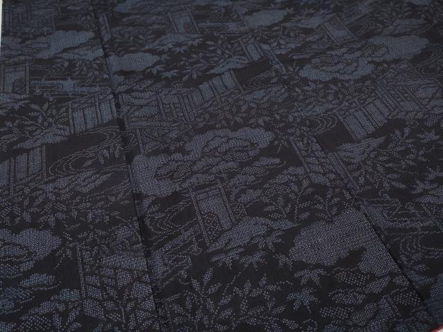 平和屋着物●結城紬　100亀甲　風景草木文　正絹　逸品　CABB6319ut