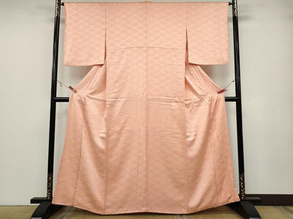 平和屋着物●上質な色無地　菱花地紋　珊瑚色　正絹　逸品　CABB6323ut