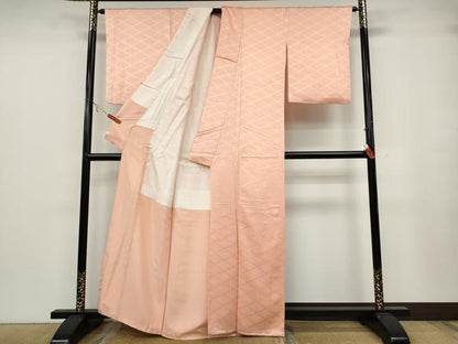 平和屋着物●上質な色無地　菱花地紋　珊瑚色　正絹　逸品　CABB6323ut