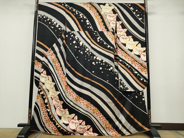平和屋着物●十日町老舗ブランド　吉澤友禅　吾妻徳穂　振袖　駒刺繍　橘桜文　黒地　金彩　正絹　逸品　CABB6337ut