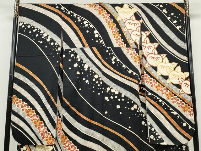 平和屋着物●十日町老舗ブランド　吉澤友禅　吾妻徳穂　振袖　駒刺繍　橘桜文　黒地　金彩　正絹　逸品　CABB6337ut