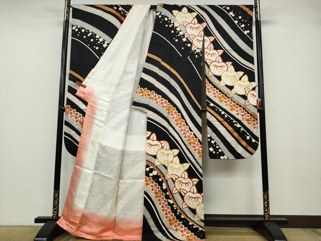 平和屋着物●十日町老舗ブランド　吉澤友禅　吾妻徳穂　振袖　駒刺繍　橘桜文　黒地　金彩　正絹　逸品　CABB6337ut