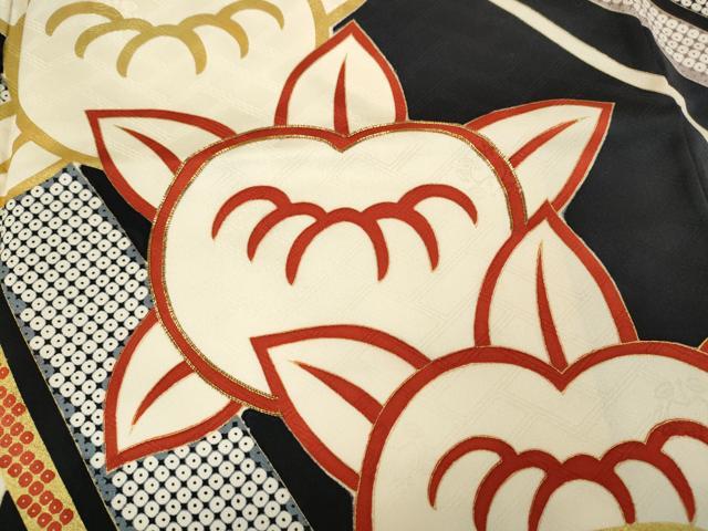 平和屋着物●十日町老舗ブランド　吉澤友禅　吾妻徳穂　振袖　駒刺繍　橘桜文　黒地　金彩　正絹　逸品　CABB6337ut