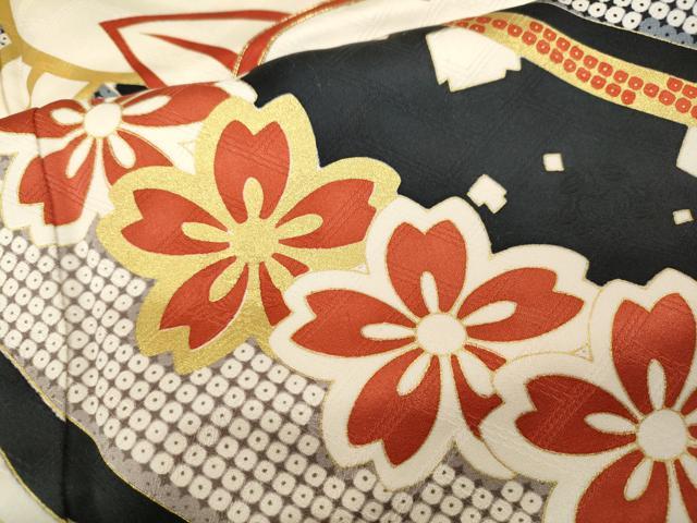 平和屋着物●十日町老舗ブランド　吉澤友禅　吾妻徳穂　振袖　駒刺繍　橘桜文　黒地　金彩　正絹　逸品　CABB6337ut
