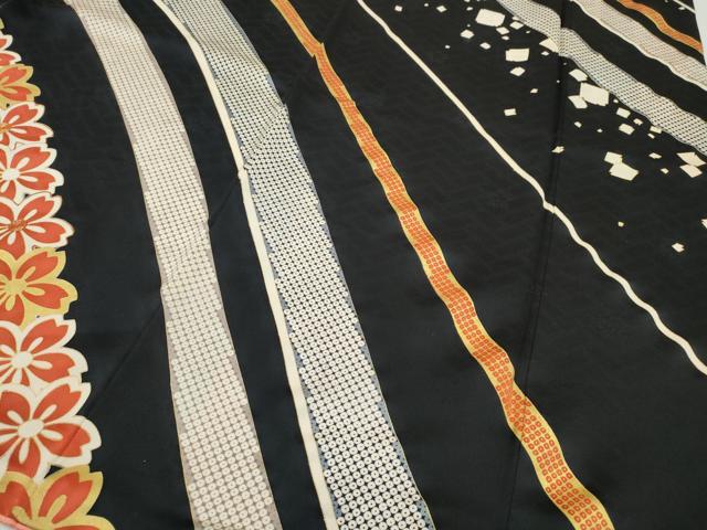 平和屋着物●十日町老舗ブランド　吉澤友禅　吾妻徳穂　振袖　駒刺繍　橘桜文　黒地　金彩　正絹　逸品　CABB6337ut