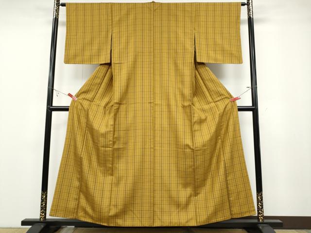 平和屋着物●黄八丈　紬　格子柄　正絹　逸品　CABB6340ut 平和屋着物○黄八丈 紬 格子柄 正絹 逸品 CABB6340ut