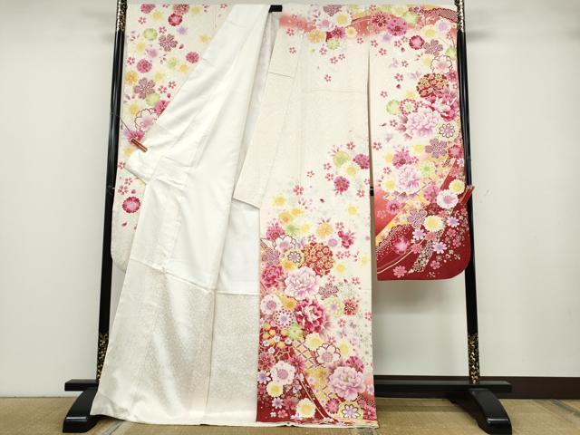 平和屋着物●豪華振袖　刺繍　花蝶文　暈し染め　金銀彩　正絹　逸品　CABB6341ut