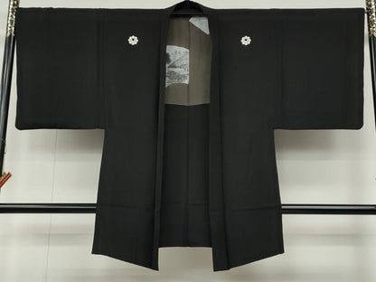 平和屋着物●男性　黒紋付　羽織セット　羽裏：風景地紙文　正絹　逸品　CABB6347ut