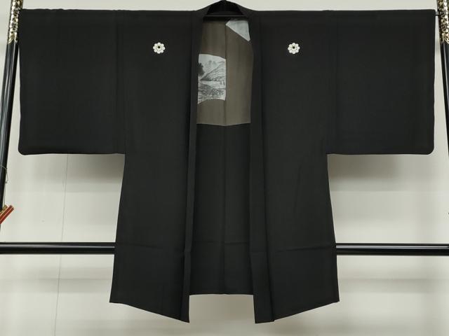 平和屋着物●男性　黒紋付　羽織セット　羽裏：風景地紙文　正絹　逸品　CABB6347ut
