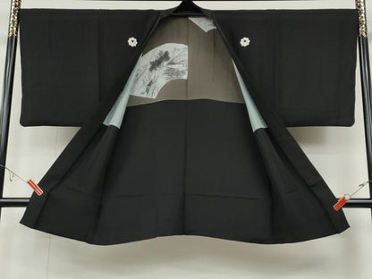 平和屋着物●男性　黒紋付　羽織セット　羽裏：風景地紙文　正絹　逸品　CABB6347ut