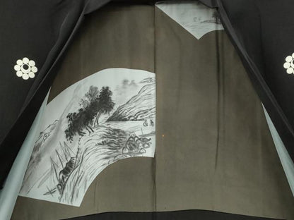 平和屋着物●男性　黒紋付　羽織セット　羽裏：風景地紙文　正絹　逸品　CABB6347ut