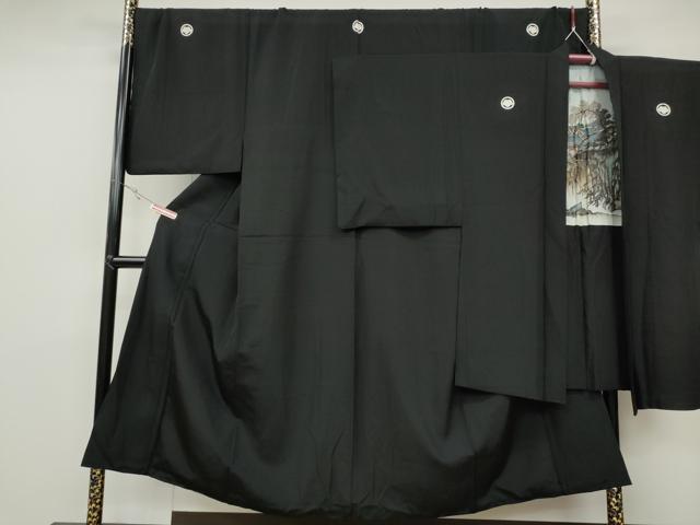 平和屋着物●男性　黒紋付　羽織セット　羽裏：風景文　正絹　逸品　CABB6348ut