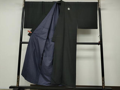 平和屋着物●男性　黒紋付　羽織セット　羽裏：風景文　正絹　逸品　CABB6348ut