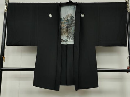 平和屋着物●男性　黒紋付　羽織セット　羽裏：風景文　正絹　逸品　CABB6348ut
