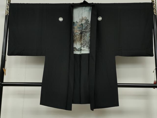 平和屋着物●男性　黒紋付　羽織セット　羽裏：風景文　正絹　逸品　CABB6348ut