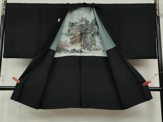 平和屋着物●男性　黒紋付　羽織セット　羽裏：風景文　正絹　逸品　CABB6348ut