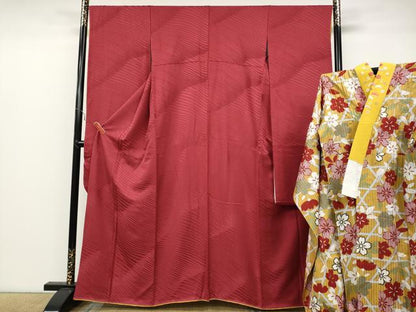 平和屋着物●豪華振袖・長襦袢セット 斜線地紋 薔薇色 半衿刺繍 正絹 逸品 CABB6351ut