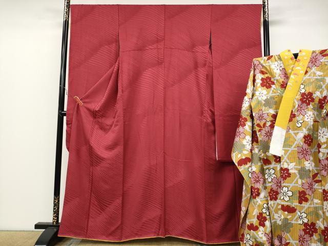 平和屋着物●豪華振袖・長襦袢セット 斜線地紋 薔薇色 半衿刺繍 正絹 逸品 CABB6351ut
