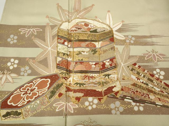 平和屋着物●豪華色留袖　駒刺繍　貝桶檜扇花文　金彩　正絹　逸品　未使用　CABB6361ut 平和屋着物○豪華色留袖 駒刺繍 貝桶檜扇花文 金彩