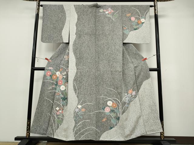 平和屋着物●訪問着　刺繍　花蝶文　たたき染め　金彩　正絹　逸品　CABB6391ut