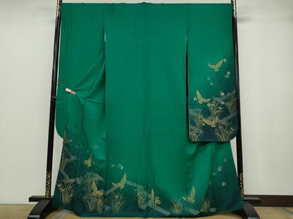 平和屋着物●染色作家　斉藤三才　振袖　寿光織　三才鳥　草花文　暈し染め　金銀糸　正絹　逸品　CABB6393ut