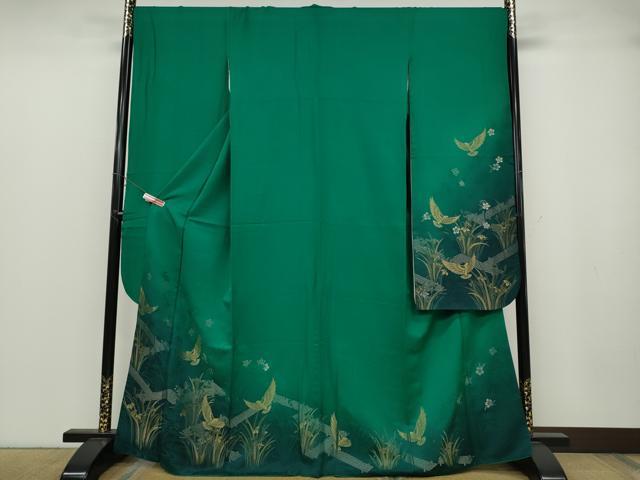 平和屋着物●染色作家　斉藤三才　振袖　寿光織　三才鳥　草花文　暈し染め　金銀糸　正絹　逸品　CABB6393ut