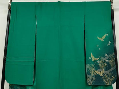 平和屋着物●染色作家　斉藤三才　振袖　寿光織　三才鳥　草花文　暈し染め　金銀糸　正絹　逸品　CABB6393ut