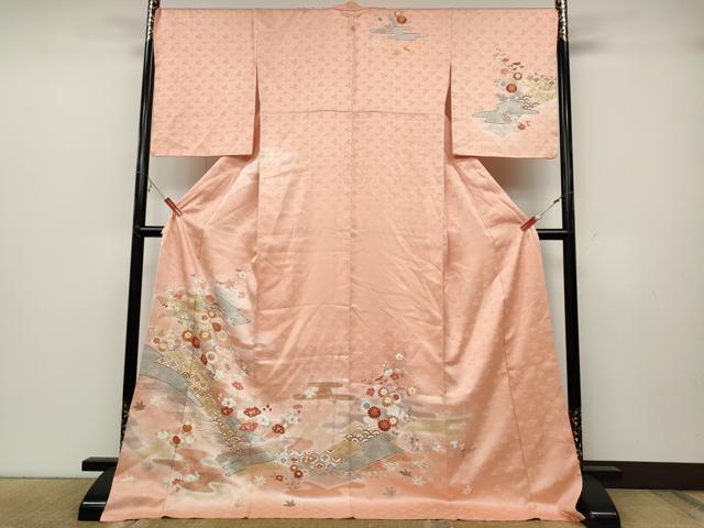 平和屋着物●訪問着　駒刺繍　松皮菱枝花文　金彩　ロング丈　正絹　逸品　CABB6398ut 平和屋着物○訪問着 駒刺繍 松皮菱枝花文 金彩 ロング