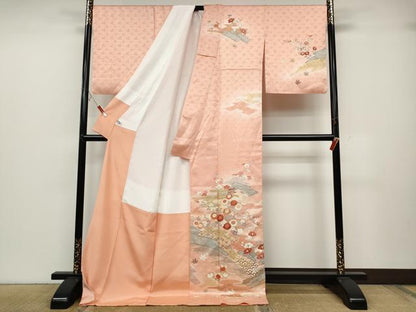 平和屋着物●訪問着　駒刺繍　松皮菱枝花文　金彩　ロング丈　正絹　逸品　CABB6398ut