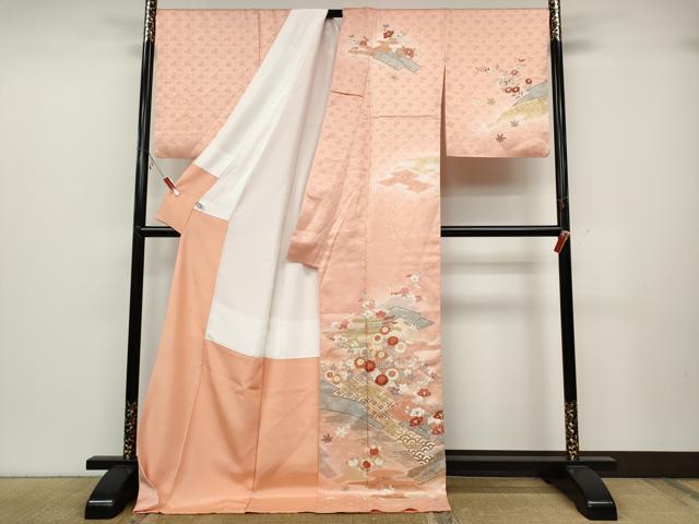 平和屋着物●訪問着　駒刺繍　松皮菱枝花文　金彩　ロング丈　正絹　逸品　CABB6398ut
