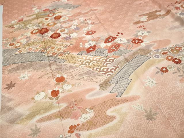 平和屋着物●訪問着　駒刺繍　松皮菱枝花文　金彩　ロング丈　正絹　逸品　CABB6398ut 平和屋着物□訪問着 駒刺繍 絞り 枝松文 金彩 正絹 逸品 CABG6873xiの