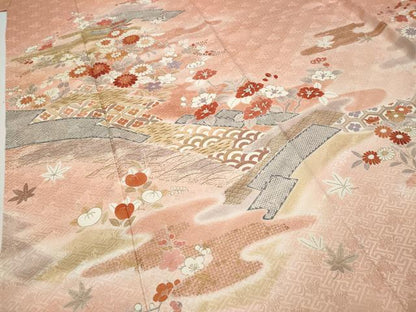 平和屋着物●訪問着　駒刺繍　松皮菱枝花文　金彩　ロング丈　正絹　逸品　CABB6398ut