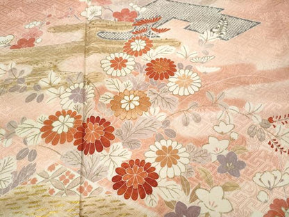 平和屋着物●訪問着　駒刺繍　松皮菱枝花文　金彩　ロング丈　正絹　逸品　CABB6398ut