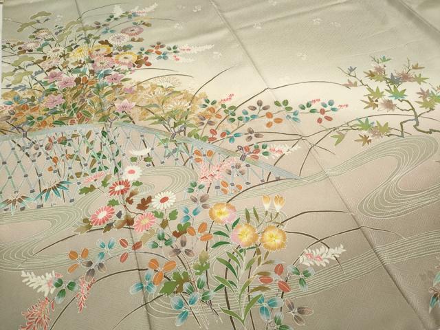 平和屋着物○訪問着 紬地 手描き 流水草花籬文 正絹 逸品 DAAZ7157ud