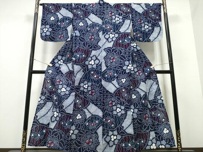 平和屋着物∴夏物 浴衣 有松鳴海絞り 色紙花蝶文 綿 逸品 CABB6435ng