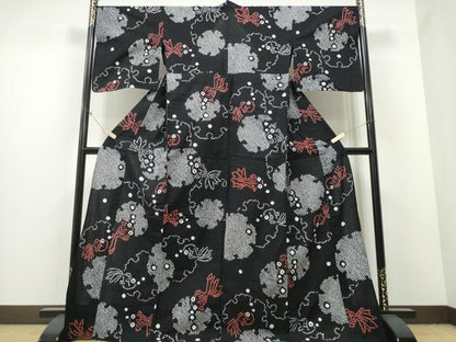 平和屋着物∴夏物　浴衣　有松鳴海絞り　金魚　雪輪重ね文　黒地　綿　逸品　CABB6437ng
