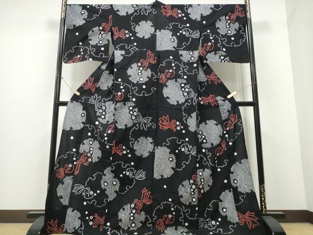 平和屋着物∴夏物　浴衣　有松鳴海絞り　金魚　雪輪重ね文　黒地　綿　逸品　CABB6437ng