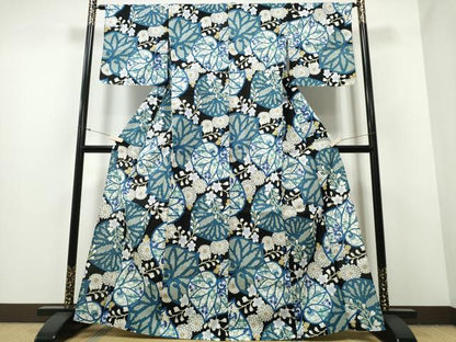 平和屋着物∴夏物　浴衣　葵花文　黒地　綿　逸品　CABB6446ng