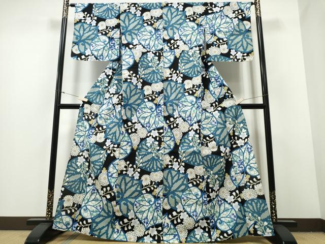 平和屋着物∴夏物　浴衣　葵花文　黒地　綿　逸品　CABB6446ng