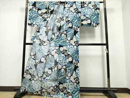 平和屋着物∴夏物　浴衣　葵花文　黒地　綿　逸品　CABB6446ng