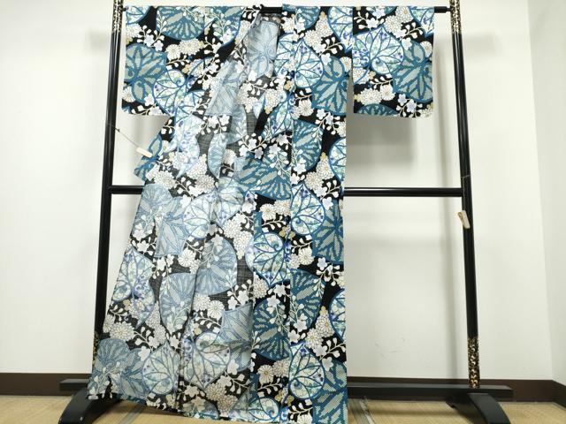 平和屋着物∴夏物　浴衣　葵花文　黒地　綿　逸品　CABB6446ng