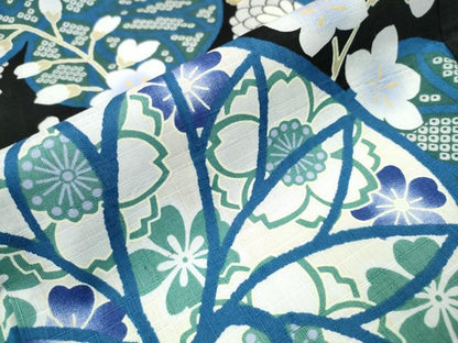 平和屋着物∴夏物　浴衣　葵花文　黒地　綿　逸品　CABB6446ng