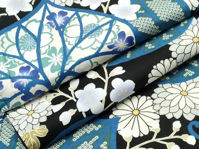 平和屋着物∴夏物　浴衣　葵花文　黒地　綿　逸品　CABB6446ng