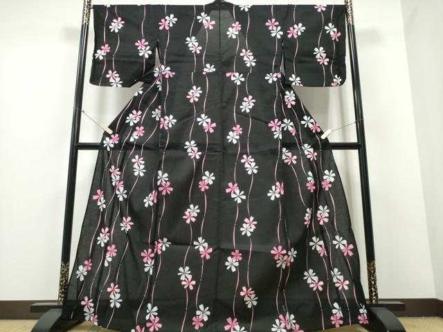 平和屋着物∴夏物 浴衣 面談 よろけ縞舞花文 黒地 綿 逸品 CABB6449ng